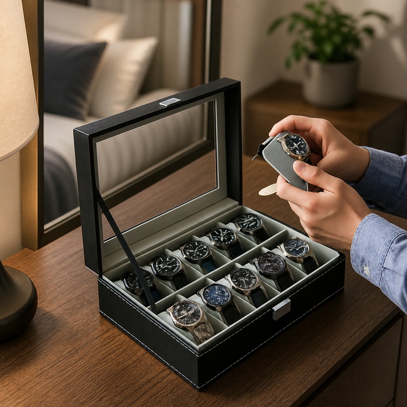 Men Accessories Organiser - 유리 뚜껑이 있는 PU 가죽 디스플레이